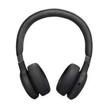 JBL Live wireless on-ear headphones with black earcups and padded headband, front view