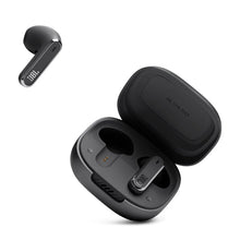 Black wireless Bluetooth earbuds with open charging case, showing two earbud housings