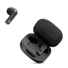 Wireless earbuds and open charging case with earbuds docked, black