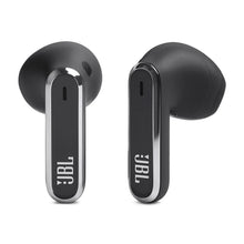 Pair of black wireless earbuds shown front with stem and charging contacts visible