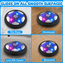LED hover soccer ball toy shown on multiple indoor floor surfaces