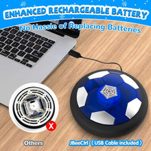 Rechargeable LED hover soccer ball toy with USB cable and battery compartment icon
