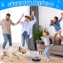 Glowing LED hover soccer ball toy with children and a dog in the room