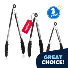 Black kitchen tongs with silicone tips and non-slip handle, locking design