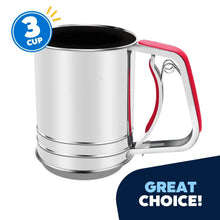 Stainless steel flour sifter with red handle and double-layer fine mesh