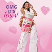 Jergens Lotion Bursts jar held by a woman in a white outfit