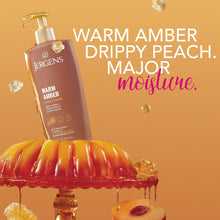 Warm Amber body lotion bottle with gold pump, angled view and drip highlights