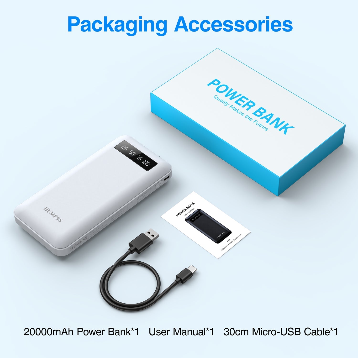 JIUMESS 20000mAh Power Bank Portable Charger with Cables, USB Battery Pack Compatible for iPhone & Android Cell Phone