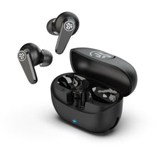 Black true wireless earbuds with open charging case, showing both earbuds