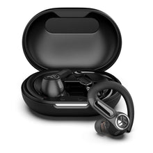 Black true wireless earbuds with earhooks, shown in an open charging case
