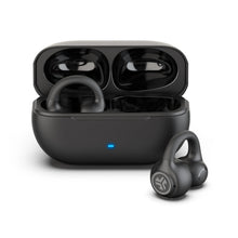 Black open-ear clip earbuds with charging case, showing the ear hooks and earbuds