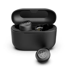 Black true wireless earbuds charging case open with earbuds and charging contacts