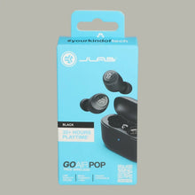 Black true wireless earbuds retail box with pictured earbuds and charging case