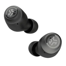 Black true wireless earbuds, one angled earpiece with matching second earbud
