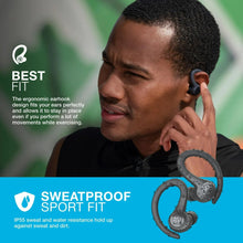 Sport true wireless earbuds, dark gray, one earbud worn on a person