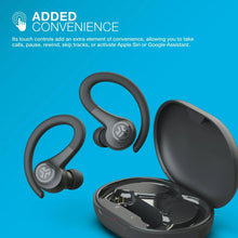 Sport true wireless earbuds and charging case, dark gray, earbuds shown with case open