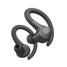 Sport true wireless earbuds, dark gray, two earhook earbuds shown