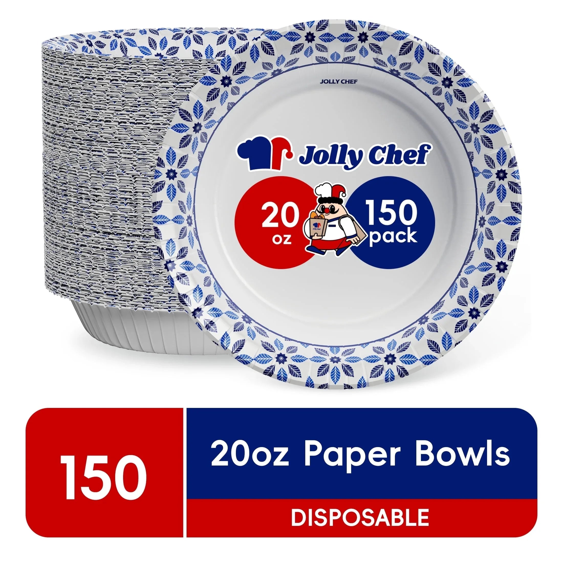 JOLLY CHEF Disposable Paper Bowls,Strong,Soak Proof,Microwave Safe,20 oz,Patterned,150 Count - USA MEGA SHOP