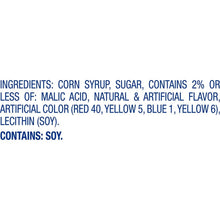 Candy ingredients panel: corn syrup, sugar, malic acid, natural and artificial flavors