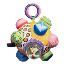 Sensory ball toy with blue pocket detail, green and pink textures, hanging ring