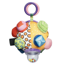 Sensory ball toy with multicolor fabric panels, hanging ring, and bead pouch