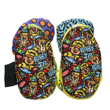 Sensory rattle socks with colorful Baby STOP graphic prints and animal-themed patterns