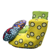 Sensory rattle socks with green and yellow plush, patterned toe rattles, soft cuffs