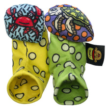 Pair of sensory rattle socks with yellow and green plush, colorful animal patch toes