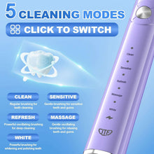 Purple electric toothbrush handle with mode labels and round control button