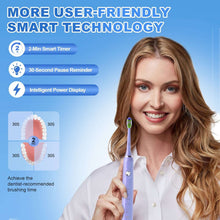 Purple electric toothbrush held upright with a round power button on the handle