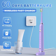 Purple electric toothbrush on a wireless charging base with a charging cable