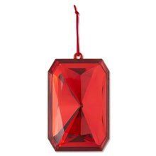 Red faceted gem ornament with red hanging loop, front view