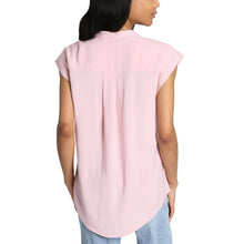 Pink button-front blouse, short sleeves, back view