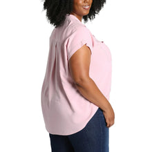 Pink button-front blouse with pointed collar, short cap sleeves