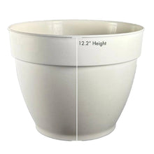 Cream recycled plastic planter with wide opening and 12.2 in height marking