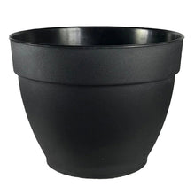 Black recycled plastic planter with wide rim and drain hole