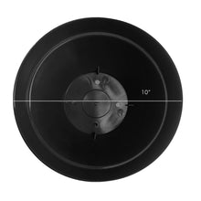 Black plastic planter base with 10 in size marking and drainage holes