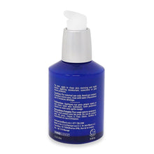 Blue serum bottle with white pump; back panel with ingredient and usage text