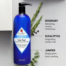 Jack Black Turbo Wash cleanser pump bottle, blue, with rosemary, eucalyptus, and juniper sprigs