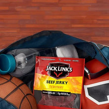 Jack Link's teriyaki beef jerky pouch in open sports bag, front label visible