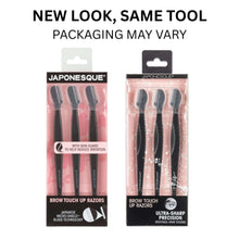 Brow touch up razors retail packaging showing two multipacks with black razors