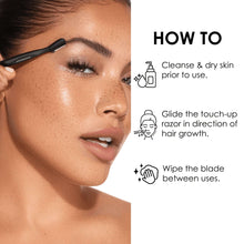 Brow touch up razor gliding along eyebrow area in close-up