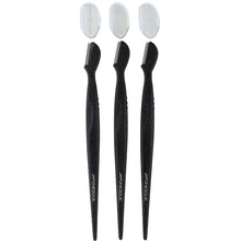 Three black brow touch up manual razors with protective covers