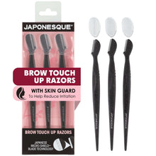 Brow touch up razor set in retail box with three black handheld razors