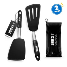 Two black silicone spatulas with metal handles, cooking turner set