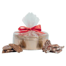 Chocolate bark duo tin with red ribbon and whole chocolate bark pieces