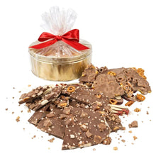 Chocolate bark duo tin with clear lid, red ribbon, assorted chocolate shards