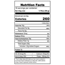 Nutrition Facts panel for handcrafted chocolates, listing calories, fat, and sugar per serving