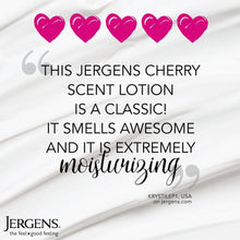 Cherry scent lotion bottle shown with heart icons and quote text
