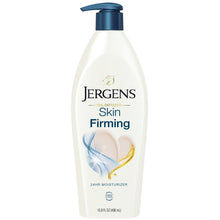 Jergens skin-firming body lotion bottle, white with blue pump